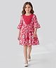 Bella Moda Cotton Woven Three Fourth Bell Sleeves Schiffli Embroidered & Floral Printed Tassel Detailed Dress - Pink