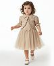 Bella Moda Net Woven Schiffli Embroidered Bow Applique Detailed Dress With Half Sleeves Shrug - Beige