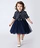 Bella Moda Net Woven Schiffli Embroidered Bow Applique Detailed Dress With Half Sleeves Shrug - Navy Blue