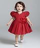 Bella Moda Net Woven Half Puffed Sleeves Floral Applique Detailed Pearls Embellished  Dress - Red