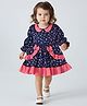 Bella Moda Cotton Woven Full Peasant Sleeves Floral Printed Bow Applique & Frill Detailed Dress - Navy Blue