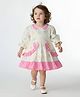 Bella Moda Cotton Woven Full Peasant Sleeves Floral Printed Bow Applique & Frill Detailed Dress - Pink