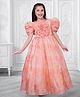 Ministitch Satin Woven Half Puffed Sleeves Floral Applique Detailed & Stone Embellished Gown - Orange