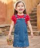 Babyhug Woven Denim Frock & Half Sleeves Inner Tee With Heart Print - Blue & Red
