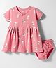 Pink Rabbit Interlock Knit Half Sleeves Bunny Printed Frock With Bloomer - Coral