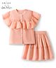 Arias 100% Cotton Slub Sleeveless Top With Lace Detailing & Skirt Set - Peach