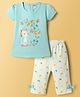 Tango Single Jersey Knit Half Sleeves T-Shirt & Capri Set With Cat Print - Sea Green