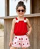 OLLINGTON ST. Cotton Knit Sleeveless Floral Applique & Printed Top & Shorts Set - Red & Multicolour