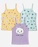 Babyoye Cotton Elastane Knit Sleeveless Slips With Floral & Cat Print Pack of 3 - Purple, Yellow & Light Blue