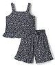 Dew Drops Cotton Woven Sleeveless Floral Printed Co-Ords  Top & Shorts Set - Navy Blue