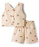 Dew Drops Cotton Woven Sleeveless Bear Printed Co-Ords Top & Shorts Set - Beige