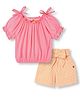 Dew Drops Cotton Woven Half Sleeves Top & Striped Short Set - Pink & Peach