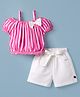 Dew Drops Cotton Woven Half Sleeves Solid Top & Shorts Set - Pink