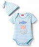 Babyhug 100% Cotton Interlock Knit Half Sleeves Striped Onesies & Cap With Sea Life Theme - Light Blue