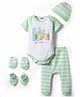 Babyhug 100% Cotton Interlock Knit Half Sleeves Onesie & Striped Diaper Leggings With Cap Mittens Booties & Animal Print - Multicolor