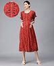 NIGHTSPREE Viscose Rayon Woven Half Sleeves Ethnic Printed Maternity Dress With Side Zipper Nursing Access - Red