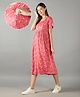 NIGHTSPREE Cotton Woven Half Sleeves Leaves Printed Maternity Dress With Side Zipper Nursing Access - Peach
