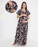 NIGHTSPREE Cotton Woven Half Sleeves Abstract Printed Maternity Nighty With Side Zipper Nursing Access - Maroon