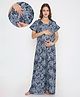 NIGHTSPREE Cotton Woven Half Sleeves Floral Printed Maternity Nighty With Side Zipper Nursing Access - Grey