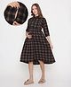 NIGHTSPREE Cotton Woven Three Fourth Sleeves Checked  Maternity Dress With Side Zipper Nursing Access - Brown