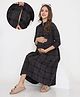 NIGHTSPREE Cotton Woven Three Fourth Sleeves Checked Maternity Dress With Side Zipper Nursing Access - Grey