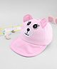 Babyhug Cotton Woven Baseball Cap With Face Embroidery & Ear Applique Pink - Diameter 15 cm