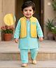 EARTHY TOUCH Cambric Woven Full Sleeves Kurta Pyjama Set With Foil Printed Jacket - Light Blue