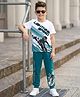 OLLINGTON ST. Cotton Knit Half Sleeves T-Shirt With Print & Joggers Set - White & Teal