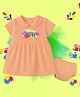 The Peppy Tend 100% Cotton Knit Half Sleeves Happy Holi & Pichkari Printed Dress With Bloomer - Peach