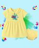 The Peppy Tend 100% Cotton Knit Holi Theme Half Sleeves My First Holi With Mumma & Papa Text Printed Dress With Bloomer - Yellow