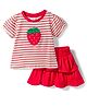 Babyhug Single Jersey Knit Half Sleeves Striped Top & Skirt Set Strawberry Embroidery - Red