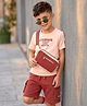 OLLINGTON ST. Cotton Knit Half Sleeves Text Printed T- Shirt & Shorts Set With Sling Bag - Peach & Brown