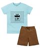Etched Design 100% Cotton Knit Half Sleeves Little Hero Text Printed Tee & Shorts - Aqua & Brown