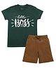 Etched Design 100% Cotton  Knit Half Sleeves Little Boss Text Printed Tee & Shorts - Dark Green & Brown
