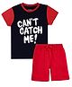 Etched Design 100% Cotton Knit Half Sleeves Cant Catch Me Text Printed Tee & Shorts -  Navy Blue & Red