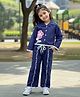 Fashion Dream Denim Knit Full Sleeves Floral Embroidered Shirt Styled Top & Pant Set - Dark Blue
