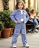 Fashion Dream Denim Knit Full Sleeves Typography Printed Patch Detailed Jacket & Pant Set With Crop Top - Light Blue