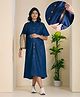 NIGHTSPREE Cotton Denim Woven Half Sleeves Solid Maternity Dress With Side Zipper Nursing Access - Navy Blue