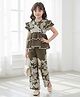 Cutiekins Rayon Woven Half Sleeves Floral Embroidered Top & Palazzo Set - Olive Green & White