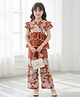 Cutiekins Rayon Woven Half Sleeves Floral Embroidered Top & Palazzo Set - Rust & White