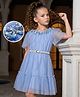 Hola Bonita Knit Half Flutter Sleeves Glitter Mesh Party Dress With Belt Sequin Detailing & Bows Applique - Blue