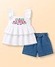 Babyhug Single Jersey Knit Sleeveless Top & Denim Shorts Set with Floral Embroidery - White & Blue