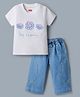 Babyhug Single Jersey Knit Half Sleeves Top & Denim Jeans Set with Floral Embroidery - White & Blue