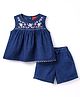 Babyhug Denim Sleeveless Floral Embroidered Top & Shorts Set - Navy Blue