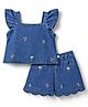 Babyhug Denim Sleeveless Floral Embroidered Top & Skirts Set - Blue