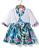 Enfance Core Cotton Woven Full Sleeves Floral & Leaves Printed Frock With Jacket & Sling - Blue