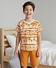 Pine Kids Cotton Knit Half Sleeves T-Shirt & Shorts Night-Suit With Floral & Tree Print - Mustard