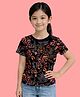 NUSYL Cotton Blend Knit Half Sleeves Floral Printed Tee - Black