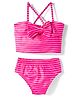 Babyhug Water Repellent Sleeveless Striped Two Piece Swimsuit With Bow Applique - Pink