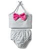 Babyhug Water Repellent Sleeveless Striped Two Piece Swimsuit with Bow Applique - Navy Blue